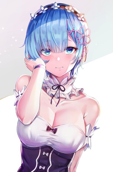 Anime picture 1244x1901 with re:zero kara hajimeru isekai seikatsu white fox rem (re:zero) nyung single tall image looking at viewer blush fringe short hair breasts blue eyes light erotic simple background smile hair between eyes large breasts standing bare shoulders blue hair