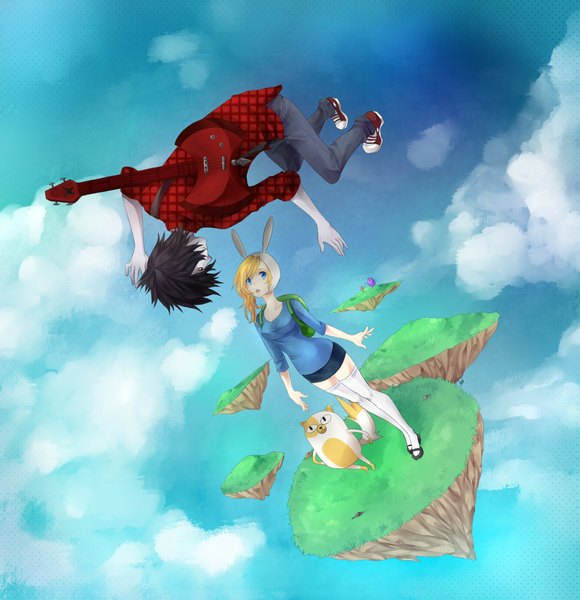 Anime picture 2074x2145 with adventure time marshall lee (adventure time) fionna (adventure time) cake (adventure time) lumpy space princess noizi (artist) long hair tall image highres short hair blue eyes black hair blonde hair standing sky cloud (clouds) profile light smile teeth fang (fangs)