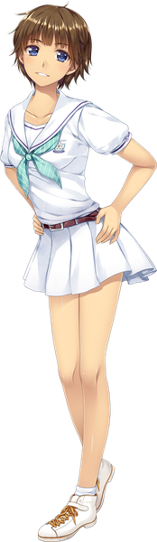 Anime picture 784x2696 with boku no hitori sensou akabei soft2 okabe sayo alpha (yukai na nakamatachi) single tall image looking at viewer blush fringe short hair blue eyes smile brown hair standing full body pleated skirt official art transparent background arched back tan