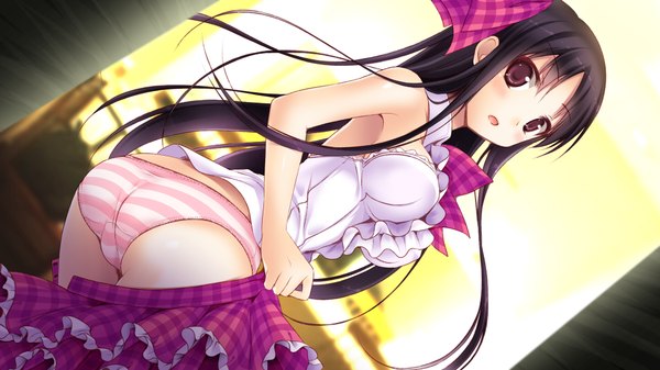 Anime picture 1920x1080 with offline shoujo chain-sou (studio) osaki rikka daikanyama ebisu single long hair looking at viewer blush highres open mouth light erotic black hair wide image bare shoulders brown eyes game cg ass looking back girl skirt