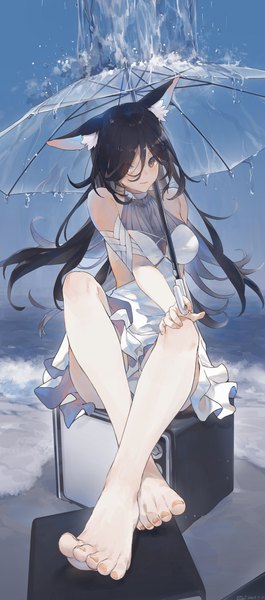 Anime picture 2955x6684 with original swkl:d single long hair tall image looking at viewer fringe highres breasts light erotic black hair sitting bare shoulders brown eyes signed animal ears sky full body bent knee (knees) barefoot