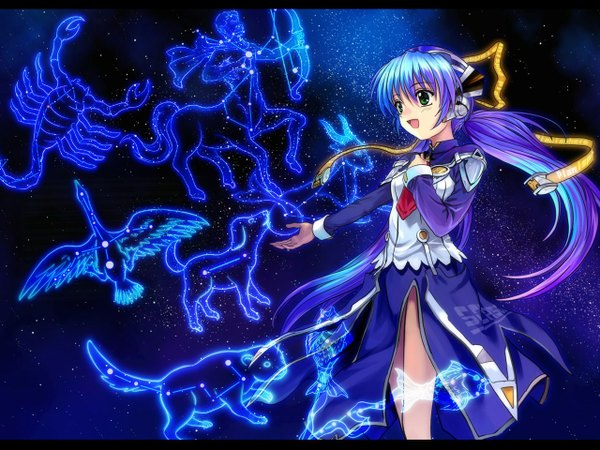 Anime picture 1280x960 with planetarian hoshino yumemi mutsuki (moonknives) green eyes blue hair wallpaper constellation star (stars)