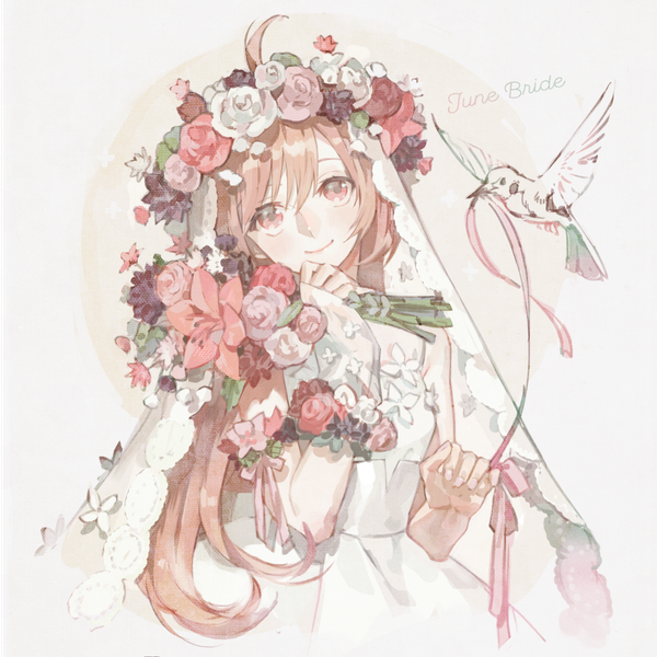 Anime picture 1200x1200 with eiyuu densetsu estelle bright nishihara isao single long hair looking at viewer smile red eyes brown hair ahoge upper body head tilt inscription alternate costume girl dress flower (flowers) ribbon (ribbons) animal white dress