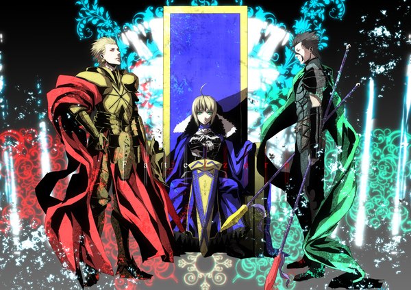 Anime picture 1900x1343 with fate (series) fate/stay night studio deen type-moon artoria pendragon (all) saber gilgamesh (fate) diarmuid ua duibhne (lancer) (fate) pizaya highres short hair blonde hair red eyes sitting green eyes yellow eyes ahoge profile inscription multiple boys