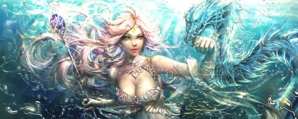 Anime picture 2500x1008 with sangrde single long hair highres breasts blue eyes red eyes wide image looking away silver hair lips sleeveless lipstick heterochromia underwater red lipstick fantasy girl earrings choker