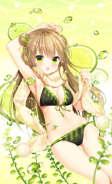 Anime picture 734x1200 with girls frontline rfb (girls frontline) ikataruto single long hair tall image looking at viewer blush fringe breasts open mouth light erotic simple background smile hair between eyes brown hair holding green eyes payot ahoge