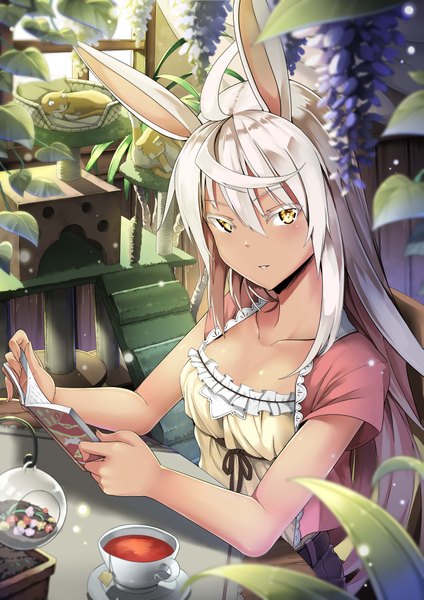 Anime picture 2893x4092 with original jie laite long hair tall image looking at viewer fringe highres sitting yellow eyes ahoge white hair indoors lips sparkle girl flower (flowers) plant (plants) animal frills book (books)