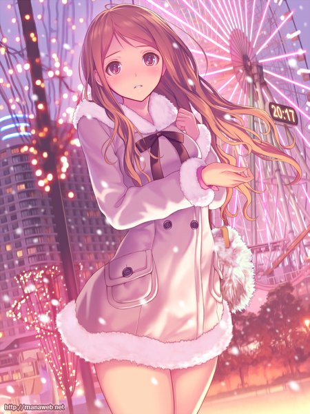 Anime picture 600x800 with ilog nagata ikue mana kakkowarai single long hair tall image looking at viewer blush brown hair brown eyes snowing winter girl building (buildings) coat garland ferris wheel