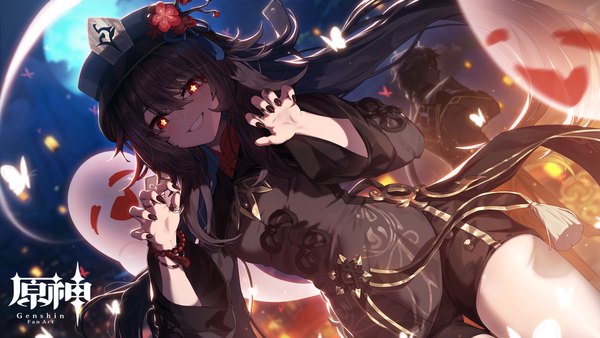 Anime picture 3840x2160 with genshin impact hu tao (genshin impact) boo tao (genshin impact) zhongli (genshin impact) sushispin long hair looking at viewer fringe highres smile hair between eyes red eyes brown hair wide image standing absurdres nail polish fingernails night wide sleeves