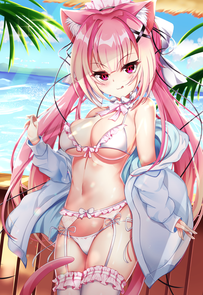 Anime picture 3600x5229 with soul worker chii aruel tia (4017342) single long hair tall image looking at viewer blush fringe highres breasts light erotic hair between eyes large breasts standing twintails animal ears payot pink hair absurdres