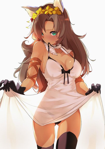 Anime picture 1024x1448 with granblue fantasy nemone sato (samanosuke 0710) tall image looking at viewer blush breasts light erotic simple background brown hair large breasts white background holding animal ears aqua eyes embarrassed ass visible through thighs wolf ears see-through silhouette girl