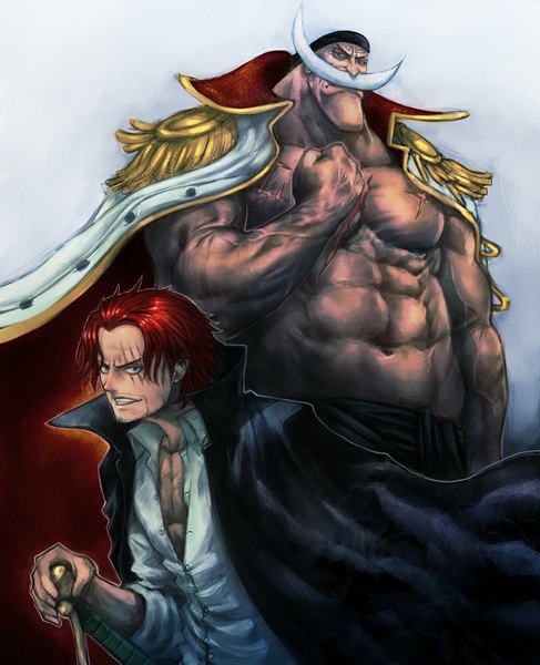 Anime picture 811x1000 with one piece toei animation shanks edward newgate boyaking(sbf) tall image looking at viewer short hair simple background red hair grey background scar muscle partially open clothes boy weapon shirt sword cloak bandana