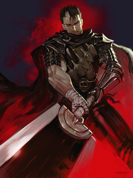 Anime picture 745x1000 with berserk guts morry single tall image looking at viewer short hair black hair signed one eye closed from below scar muscle fighting stance boy weapon armor cape bandage (bandages) huge weapon