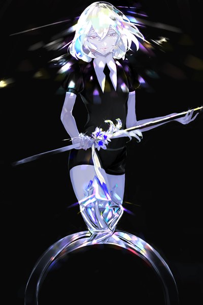 Anime-Bild 1440x2160 mit houseki no kuni diamond (houseki no kuni) neronero00 single tall image fringe short hair simple background hair between eyes holding silver hair puffy sleeves black background silver eyes androgynous gloves flower (flowers) weapon sword necktie