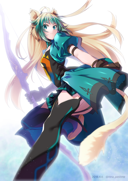 Anime picture 600x849 with fate (series) fate/grand order fate/apocrypha atalanta (fate) nina (pastime) single long hair tall image looking at viewer fringe light erotic simple background blonde hair standing holding green eyes signed animal ears ahoge tail