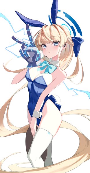 Anime picture 2425x4671 with blue archive toki (blue archive) toki (bunny) (blue archive) nunsori single tall image looking at viewer blush fringe highres breasts blue eyes light erotic simple background blonde hair white background animal ears blunt bangs very long hair bunny ears