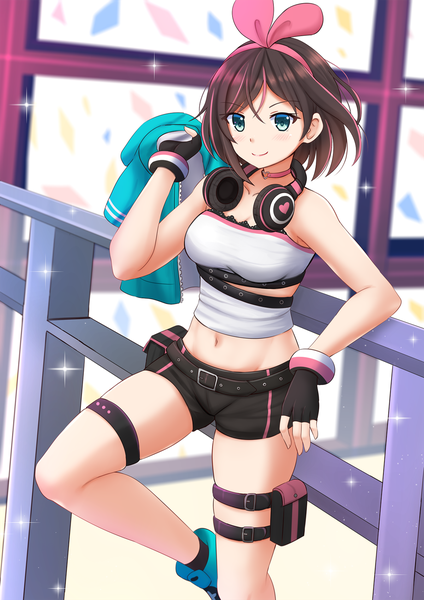 Anime picture 1200x1697 with virtual youtuber a.i. channel kizuna ai kizuna ai (a.i. games) kazenokaze single tall image looking at viewer blush fringe short hair breasts smile hair between eyes brown hair standing holding bent knee (knees) multicolored hair aqua eyes