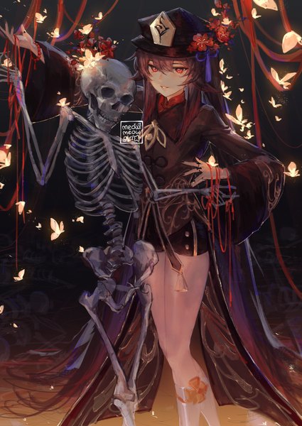 Anime picture 3507x4950 with genshin impact hu tao (genshin impact) meowmeowgirl single tall image fringe highres hair between eyes red eyes brown hair signed looking away absurdres very long hair nail polish skeleton girl hat bracelet insect