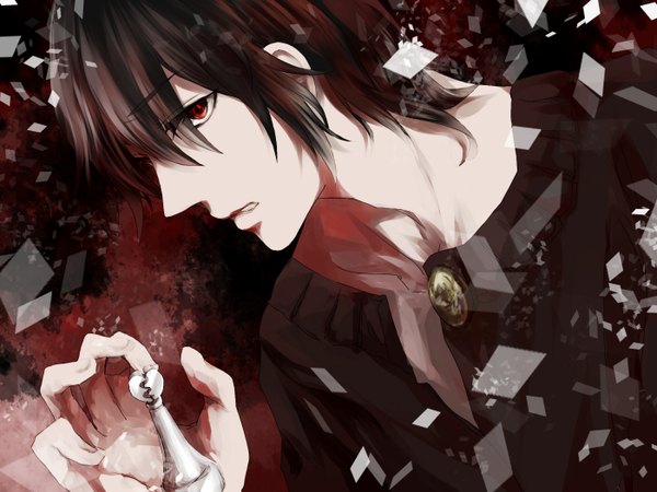 Anime picture 1400x1050 with vocaloid vy2 tagme (artist) single short hair open mouth black hair red eyes open collar boy cloak chess