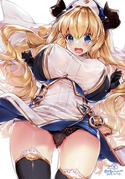 Anime picture 708x1013 with granblue fantasy rastina 218 single long hair tall image looking at viewer blush fringe breasts open mouth blue eyes light erotic simple background blonde hair hair between eyes large breasts standing white background signed