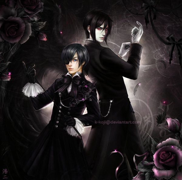 Anime picture 1000x987 with kuroshitsuji a-1 pictures sebastian michaelis ciel phantomhive k-koji short hair blue eyes black hair red eyes signed pale skin back to back adjusting gloves boy gloves flower (flowers) ribbon (ribbons) earrings bowtie rose (roses)