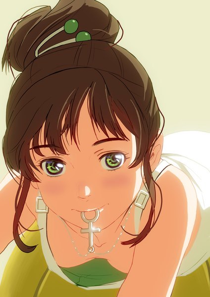 Anime picture 600x849 with bishoujo senshi sailor moon toei animation kino makoto ma_sa_o single tall image looking at viewer blush light erotic simple background brown hair holding green eyes ponytail leaning embarrassed leaning forward sleeveless mouth hold girl