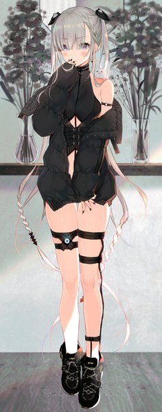 Anime picture 592x1500 with original yadapot single tall image looking at viewer blush fringe breasts blue eyes light erotic twintails bare shoulders signed full body indoors braid (braids) very long hair nail polish arm up fingernails