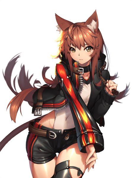 Anime picture 1189x1600 with original [saw] single long hair tall image blush simple background brown hair white background brown eyes animal ears looking away tail animal tail cat ears open clothes open jacket cat tail girl navel