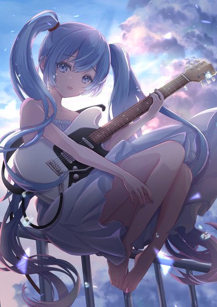 Anime-Bild 3541x5016 mit vocaloid hatsune miku yuzuaji single long hair tall image looking at viewer fringe highres breasts open mouth light erotic smile sitting twintails bare shoulders absurdres sky cloud (clouds) full body