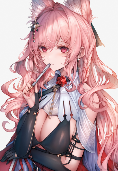 Anime picture 2778x4000 with arknights pozyomka (arknights) snm (sunimi) single long hair tall image fringe highres breasts light erotic simple background hair between eyes large breasts white background bare shoulders holding animal ears looking away pink hair cleavage