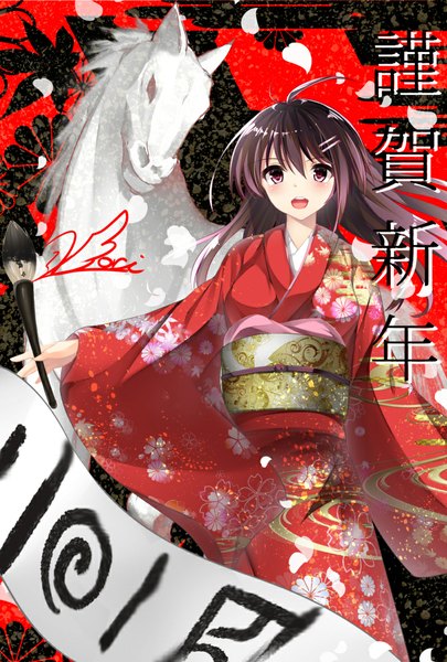 Anime picture 800x1184 with original iori (cpeilad) single long hair tall image looking at viewer black hair purple eyes traditional clothes japanese clothes new year nengajou girl animal petals kimono obi paintbrush horse calligraphy brush