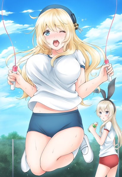 Anime picture 1300x1890 with kantai collection shimakaze destroyer atago heavy cruiser nanashiki fuuka long hair tall image looking at viewer blush fringe breasts open mouth blue eyes light erotic blonde hair large breasts standing multiple girls holding sky cloud (clouds)
