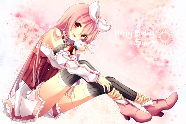 Anime picture 1024x683 with original hinakanin single long hair open mouth smile red eyes pink hair happy birthday girl thighhighs dress detached sleeves animal hairband collar striped thighhighs sundress bunny