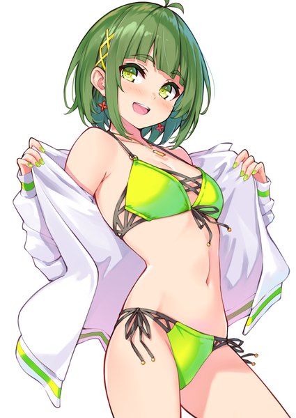 Anime picture 708x1000 with cu-no nonono futaba hisenkaede single tall image looking at viewer blush fringe short hair breasts open mouth light erotic simple background smile standing white background green eyes ahoge blunt bangs nail polish