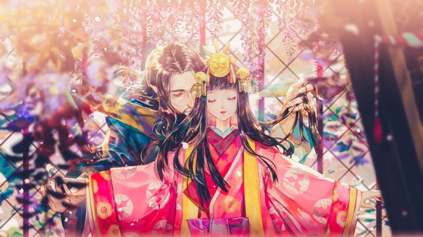 Anime picture 1281x720 with onmyoji tagme (character) say hana long hair fringe black hair wide image standing blunt bangs eyes closed traditional clothes parted lips japanese clothes pointy ears blurry wide sleeves leaning depth of field leaning forward floral print