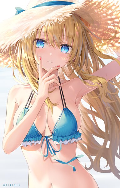 Anime-Bild 990x1546 mit original rin yuu single long hair tall image looking at viewer blush fringe breasts blue eyes light erotic simple background blonde hair hair between eyes large breasts standing signed upper body nail polish parted lips