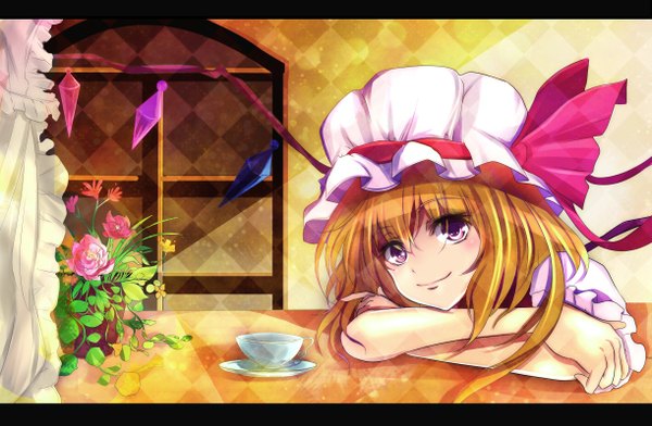 Anime picture 1222x799 with touhou flandre scarlet velia (artist) single short hair blonde hair smile red eyes rhombus girl flower (flowers) plant (plants) wings bonnet cup