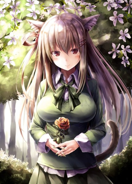 Anime picture 715x1000 with original suien single long hair tall image looking at viewer blush fringe breasts smile hair between eyes brown hair large breasts brown eyes animal ears payot outdoors tail long sleeves nail polish
