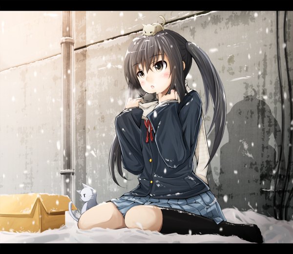 Anime picture 1200x1040 with k-on! kyoto animation nakano azusa chiri (atlanta) single long hair blush fringe open mouth black hair hair between eyes twintails looking away full body outdoors pleated skirt black eyes shadow no shoes zettai ryouiki