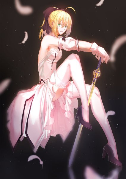 Anime picture 868x1227 with fate (series) fate/unlimited codes type-moon artoria pendragon (all) saber lily mitsuki hana single tall image looking at viewer fringe breasts blonde hair green eyes ahoge ponytail profile bare back girl thighhighs gloves