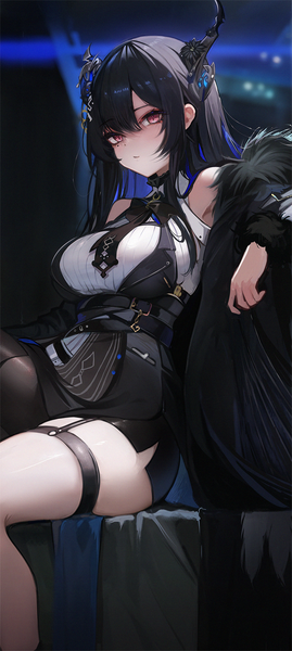 Anime picture 1000x2230 with virtual youtuber hololive hololive english nerissa ravencroft nerissa ravencroft (1st costume) koahri single long hair tall image looking at viewer blush fringe breasts black hair hair between eyes large breasts sitting bare shoulders payot indoors