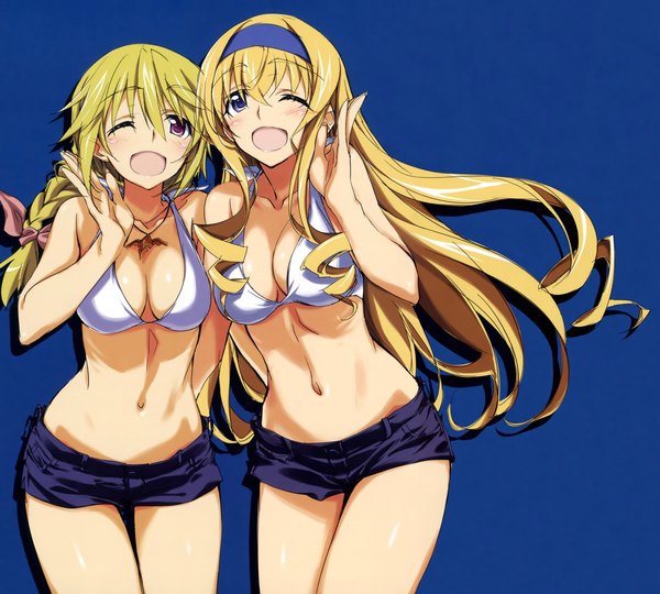 Anime picture 4500x4050 with infinite stratos 8bit charles dunois cecilia orcott kurashima tomoyasu long hair blush highres open mouth blue eyes light erotic blonde hair red eyes multiple girls absurdres one eye closed wink ;d girl navel
