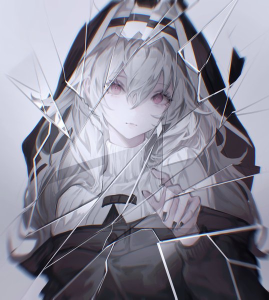 Anime picture 2916x3254 with arknights specter (arknights) deadprince single long hair tall image looking at viewer fringe highres hair between eyes silver hair upper body nail polish pink eyes black nail polish girl headdress debris