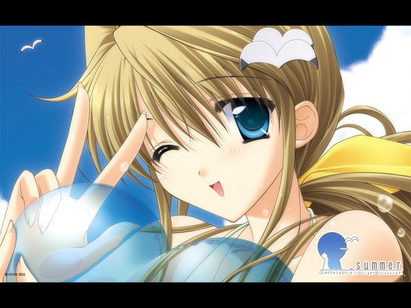 Anime picture 1600x1200 with underbar summer hatano konami blue eyes blonde hair one eye closed wink close-up summer
