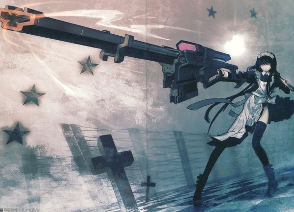 Anime picture 9550x6899 with black rock shooter maid gunner long hair highres black hair looking away pink hair absurdres maid girl thighhighs weapon gun cross