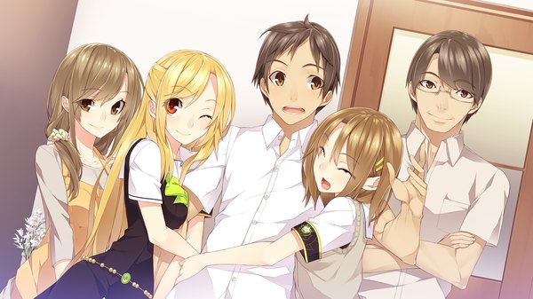 Anime picture 1280x720 with yume ka utsutsu ka matryoshka yagiura nagi long hair short hair blonde hair smile red eyes brown hair wide image multiple girls brown eyes game cg eyes closed one eye closed wink multiple boys girl boy uniform school uniform