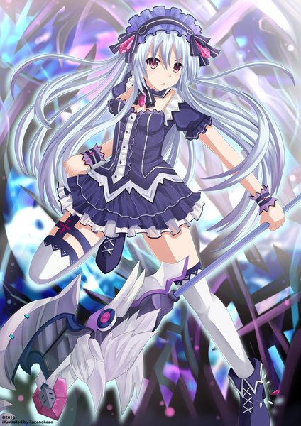 Anime picture 1200x1697 with fairy fencer f tiara (fairy fencer f) kazenokaze single long hair tall image brown eyes silver hair girl thighhighs dress weapon white thighhighs headdress