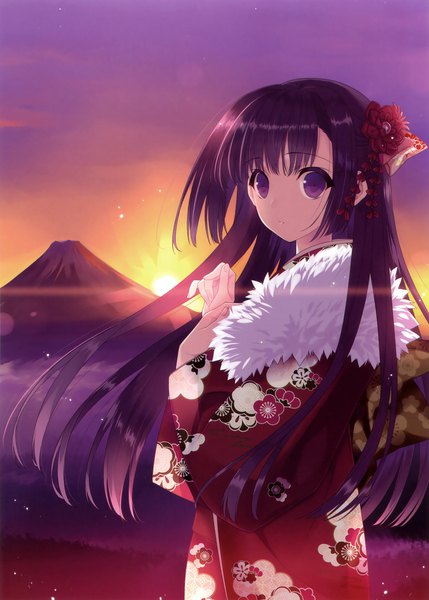 Anime picture 2505x3500 with original suzuhira hiro single long hair tall image looking at viewer highres purple eyes purple hair traditional clothes japanese clothes hair flower scan official art evening sunset mountain girl hair ornament flower (flowers)