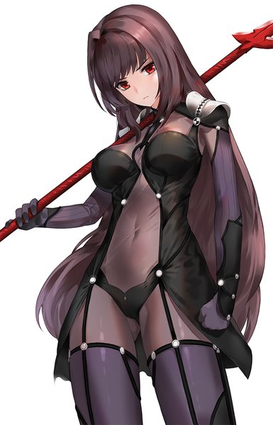 Anime picture 721x1122 with fate (series) fate/grand order scathach (fate) (all) scathach (fate) kfr single long hair tall image looking at viewer fringe breasts light erotic simple background red eyes brown hair standing holding payot head tilt covered navel