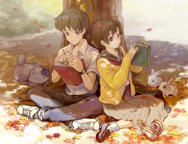 Anime picture 2480x1898 with whisper of the heart studio ghibli amasawa seiji tsukishima shizuku saya (mychristian2) blush highres short hair smile brown hair sitting brown eyes couple autumn girl boy plant (plants) animal tree (trees) serafuku